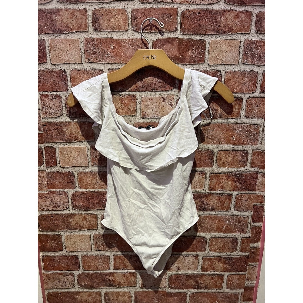 Ambience Womens Size S Solid White Ruffled Neck Cotton Stretch Bodysuit Casual